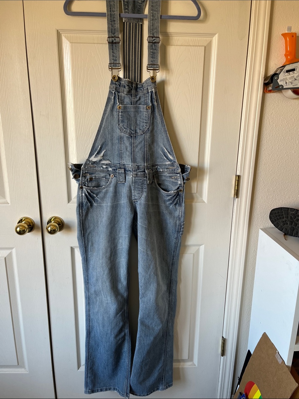 Free People Light Blue Denim Overalls with Lavender Strap Detail